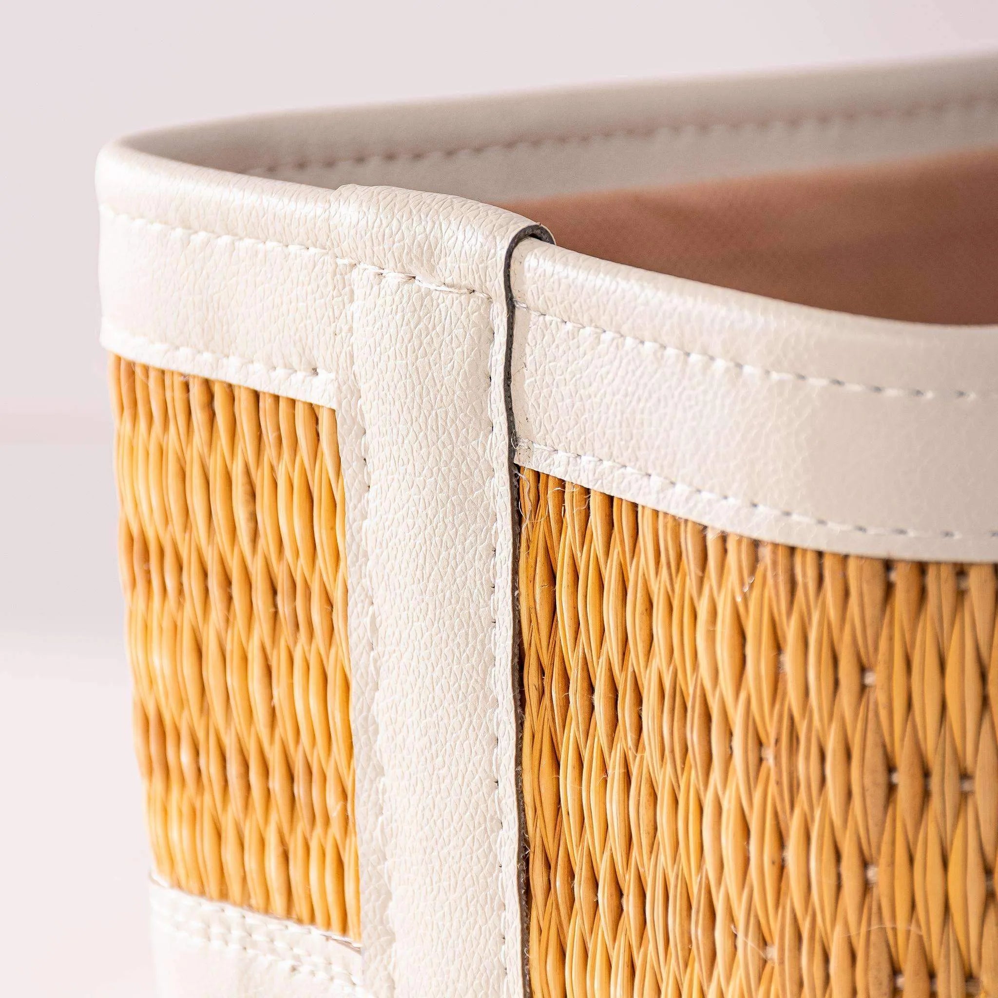 Darido natural fiber storage box with off-white leather trim and stitched detail. - Set of 3 Handmade Natural Fiber Storage Boxes with Colored Leather Trim