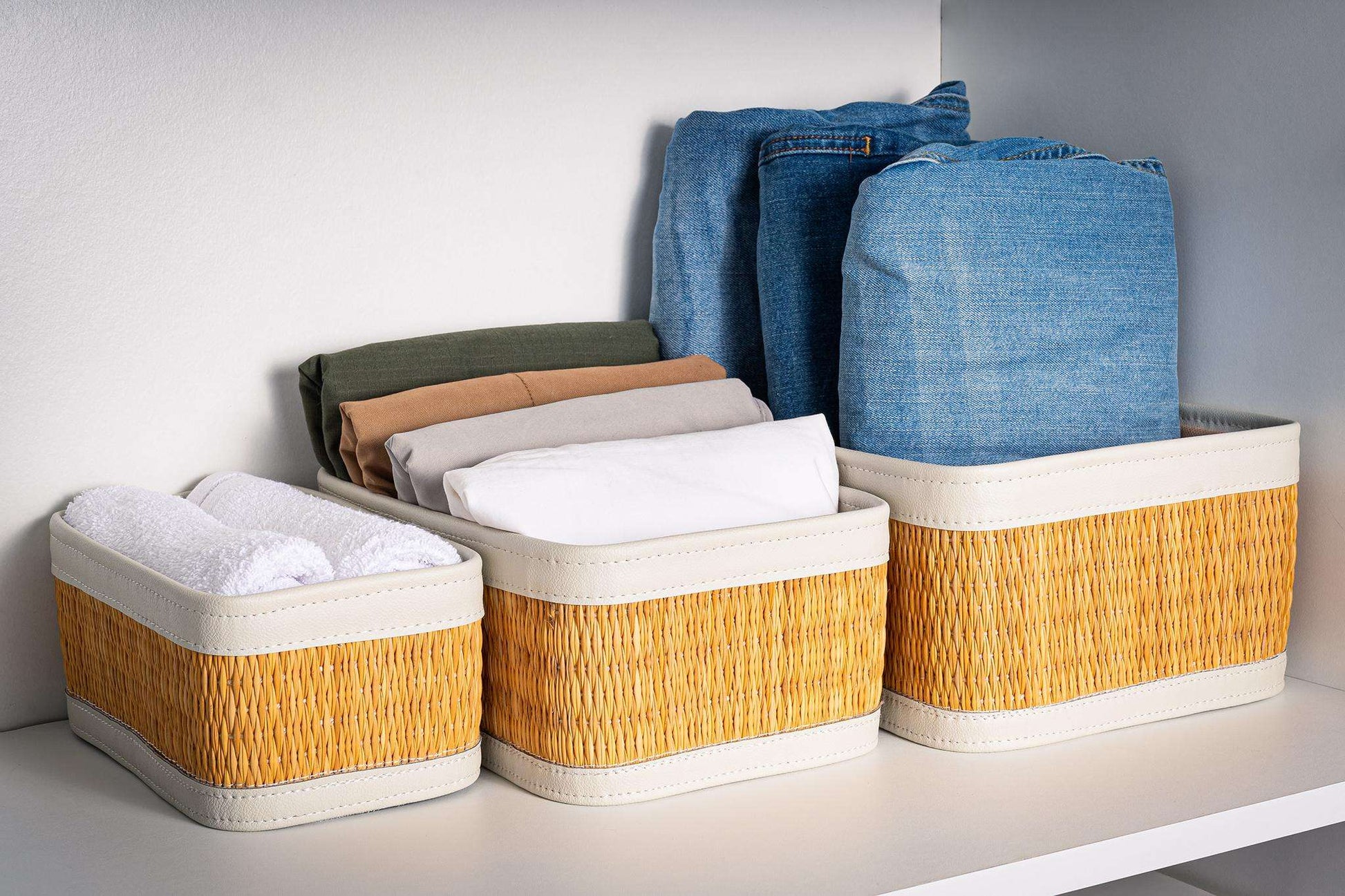 Set of 3 Baskets Smar White Leather - 3 sizes - Perfect for home organization