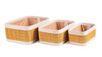 Set of 3 Darido natural fiber storage boxes with off-white leather trim, rectangular shapes. - Set of 3 Handmade Natural Fiber Storage Boxes with Colored Leather Trim