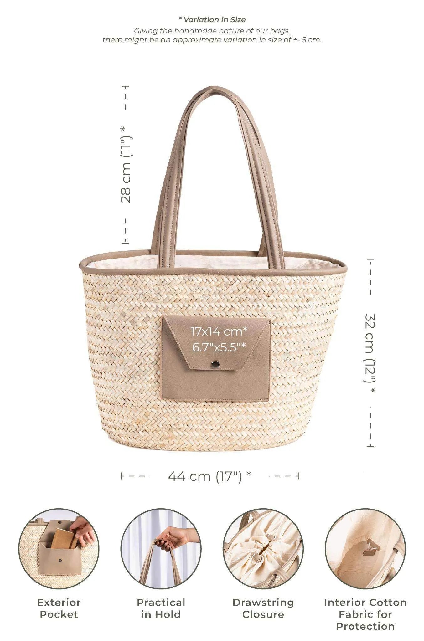 Darido shopping bag with woven straw body and vegan leather pocket in natural tones. - Shopping Bag Saaf with Vegan Leather Pocket L