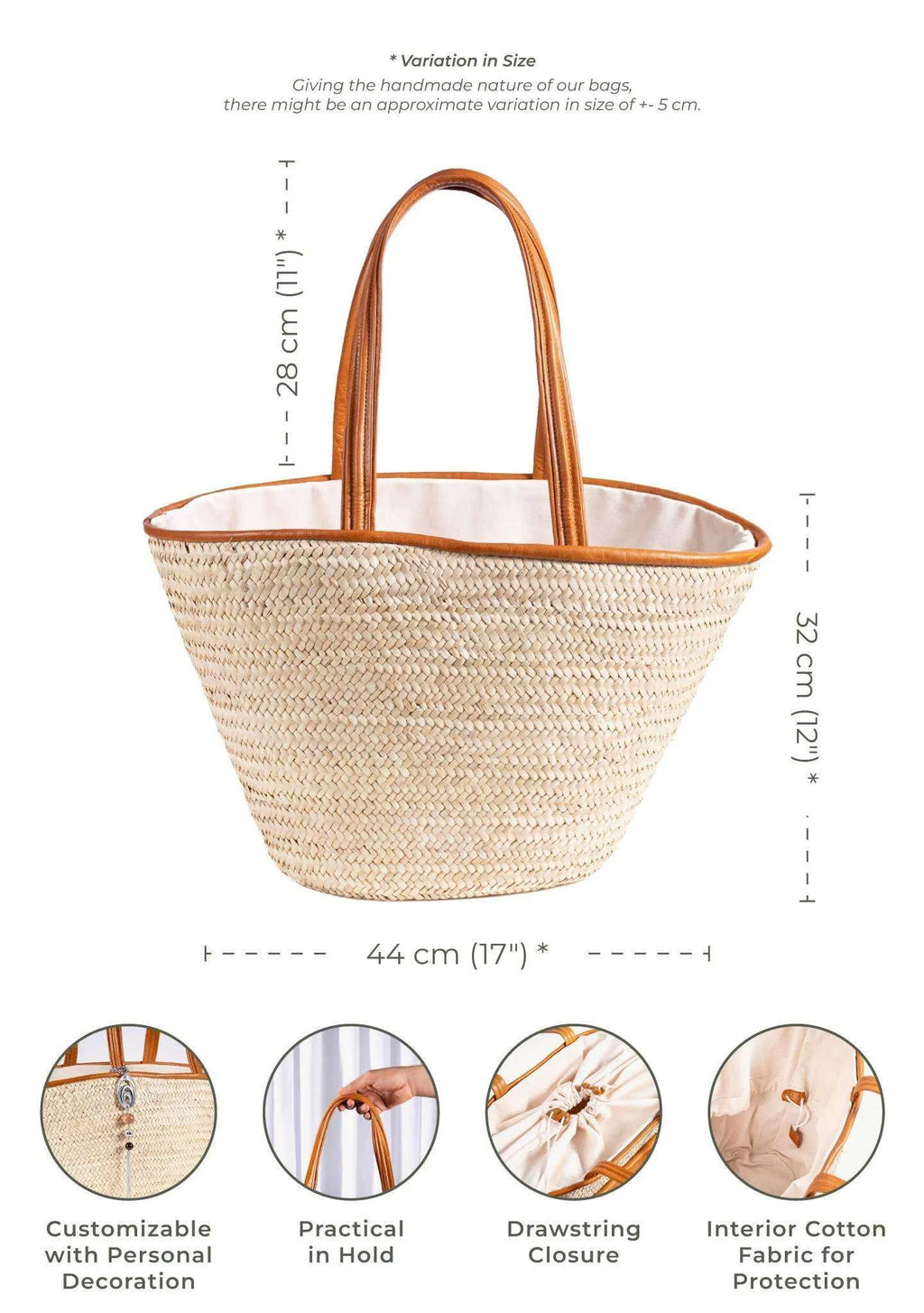Darido woven shopping bag with tan leather handles and cotton interior lining. - Shopping Bag Saaf with Leather L