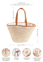 Darido woven shopping bag with tan leather handles and cotton interior lining. - Shopping Bag Saaf with Leather L