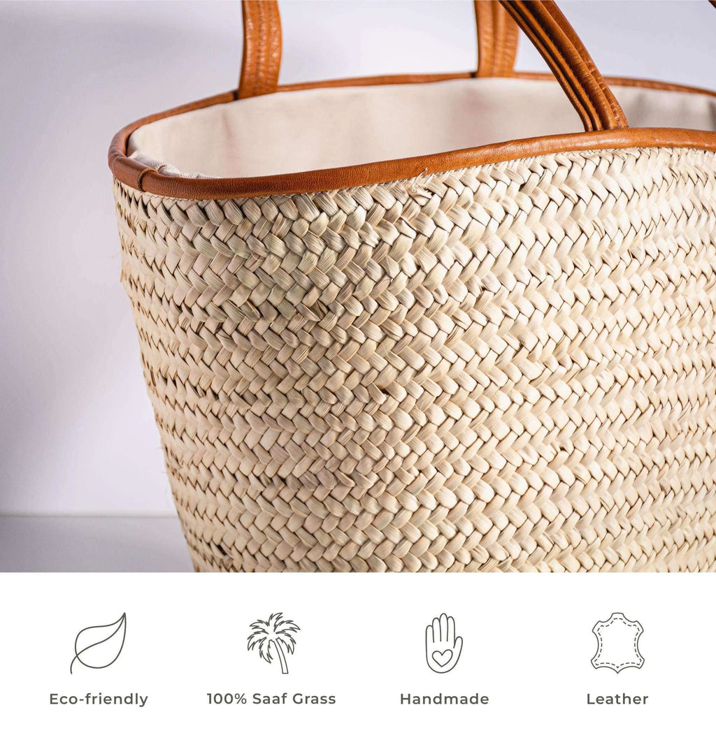 Large darido woven shopping bag with leather trim and handles in natural tones. - Shopping Bag Saaf with Leather L