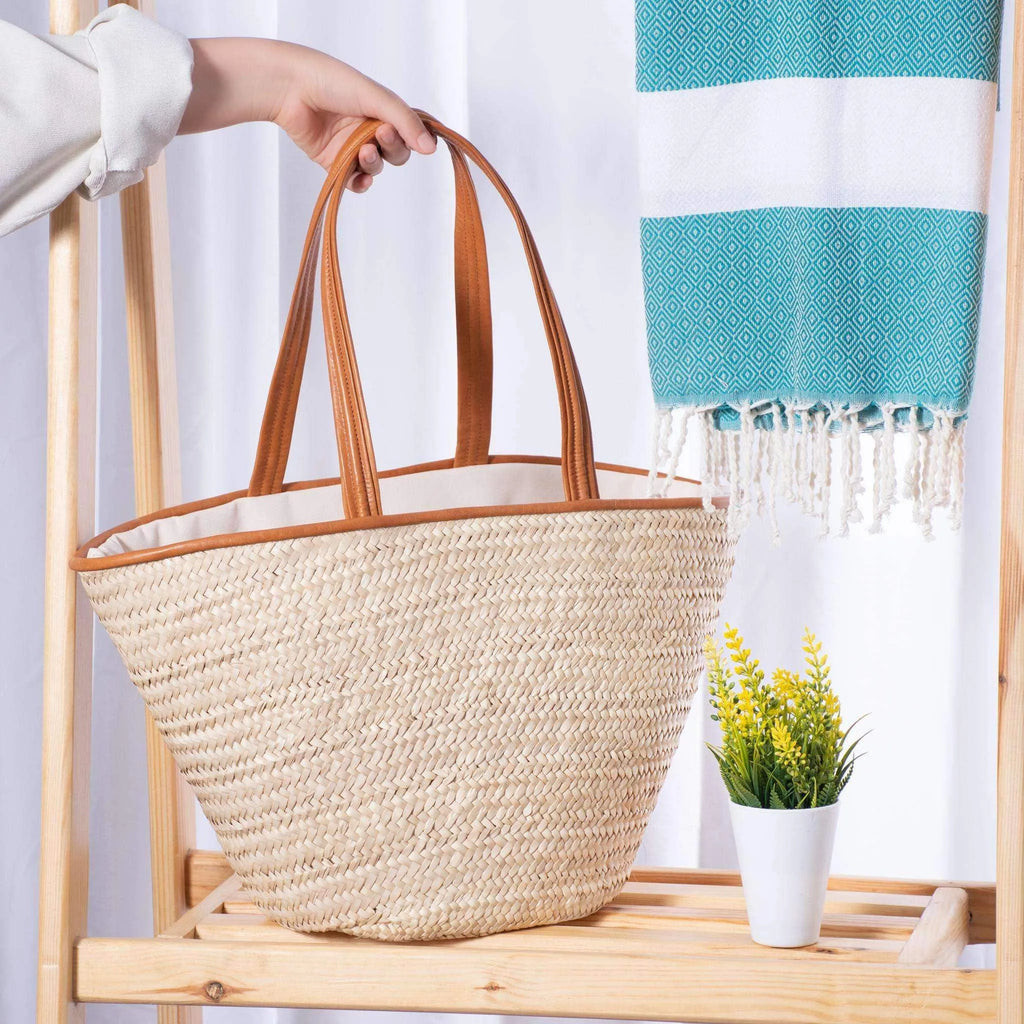 Darido woven shopping bag with large tan leather handles and trim. - Shopping Bag Saaf with Leather L