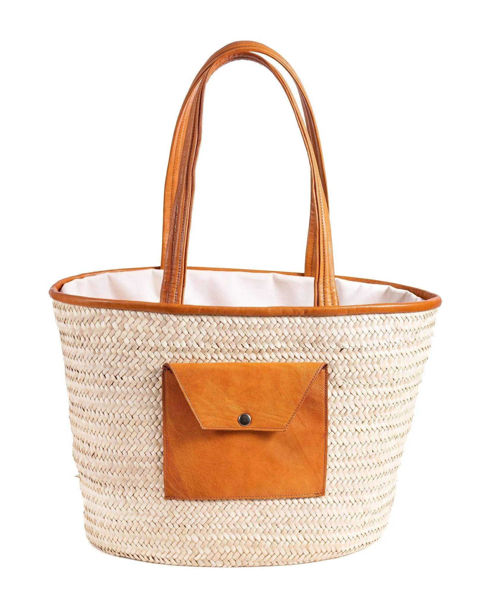 Darido-style woven shopping bag with tan leather pocket and handles. - Shopping Bag Saaf with Leather Pocket L