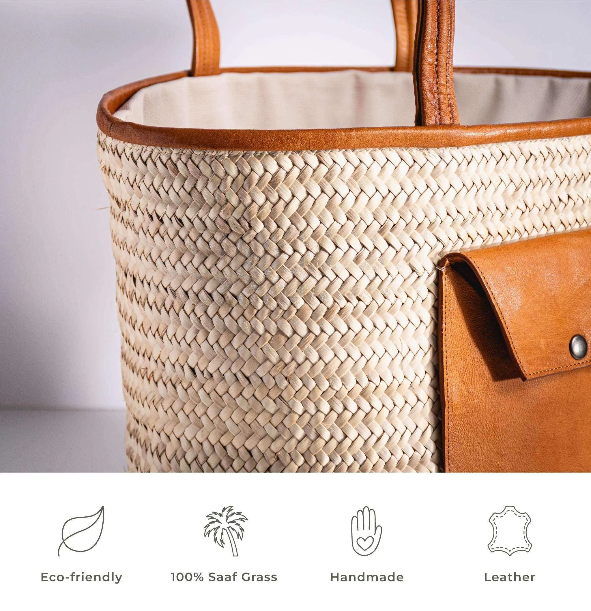 Darido woven shopping bag with tan leather pocket and handles, eco-friendly Saaf grass design. - Shopping Bag Saaf with Leather Pocket L