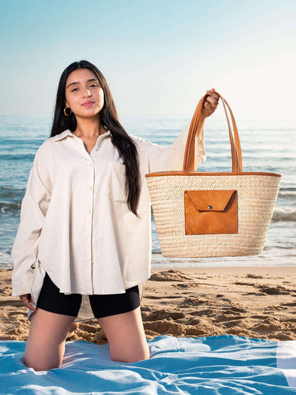 Darido Stylish Shopping Bag Saaf with Leather Pocket L - Handmade & Practical for Everyday Use