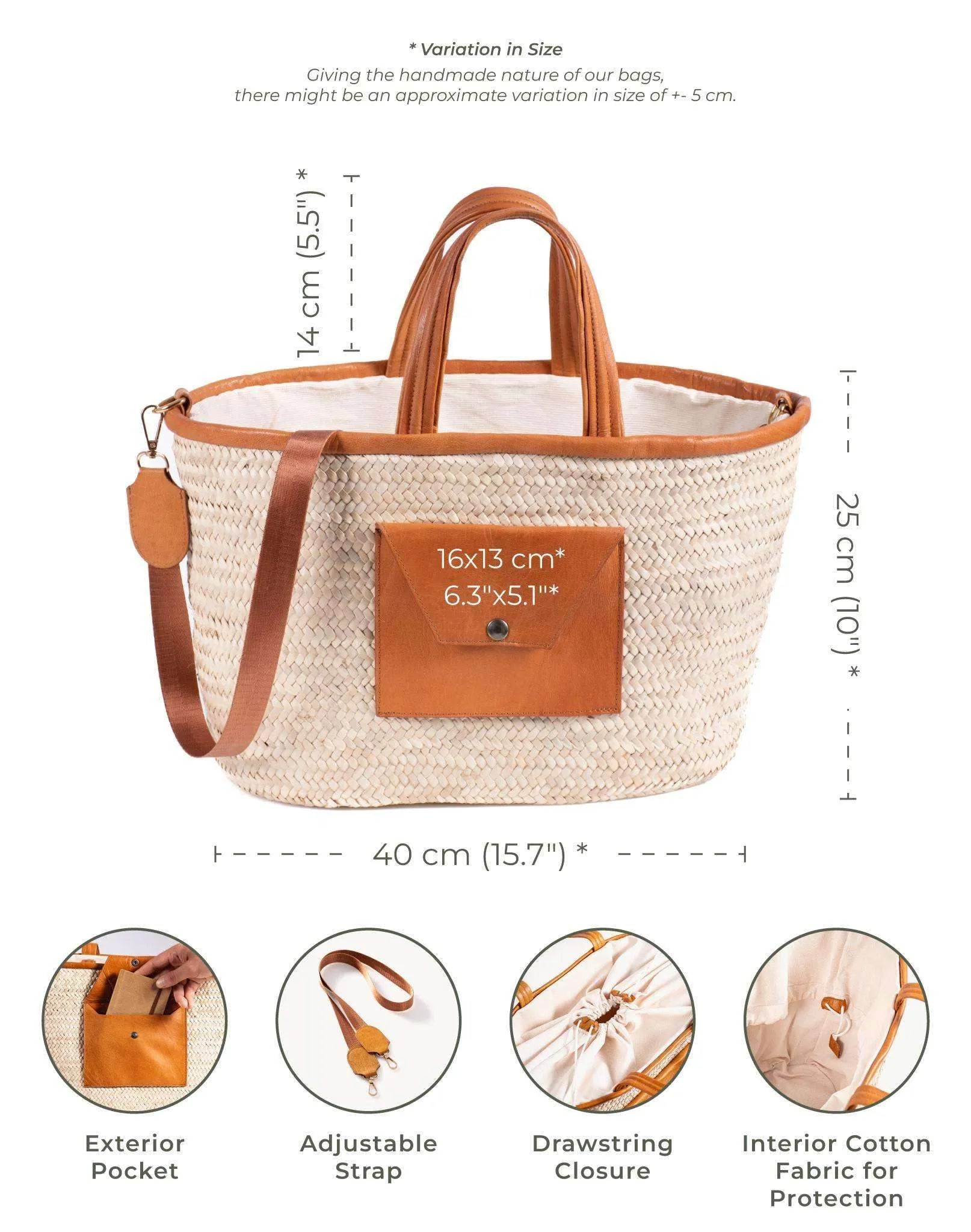 Darido woven shopping bag with brown leather pocket and adjustable shoulder strap. - Shopping Bag Saaf with Leather Pocket M