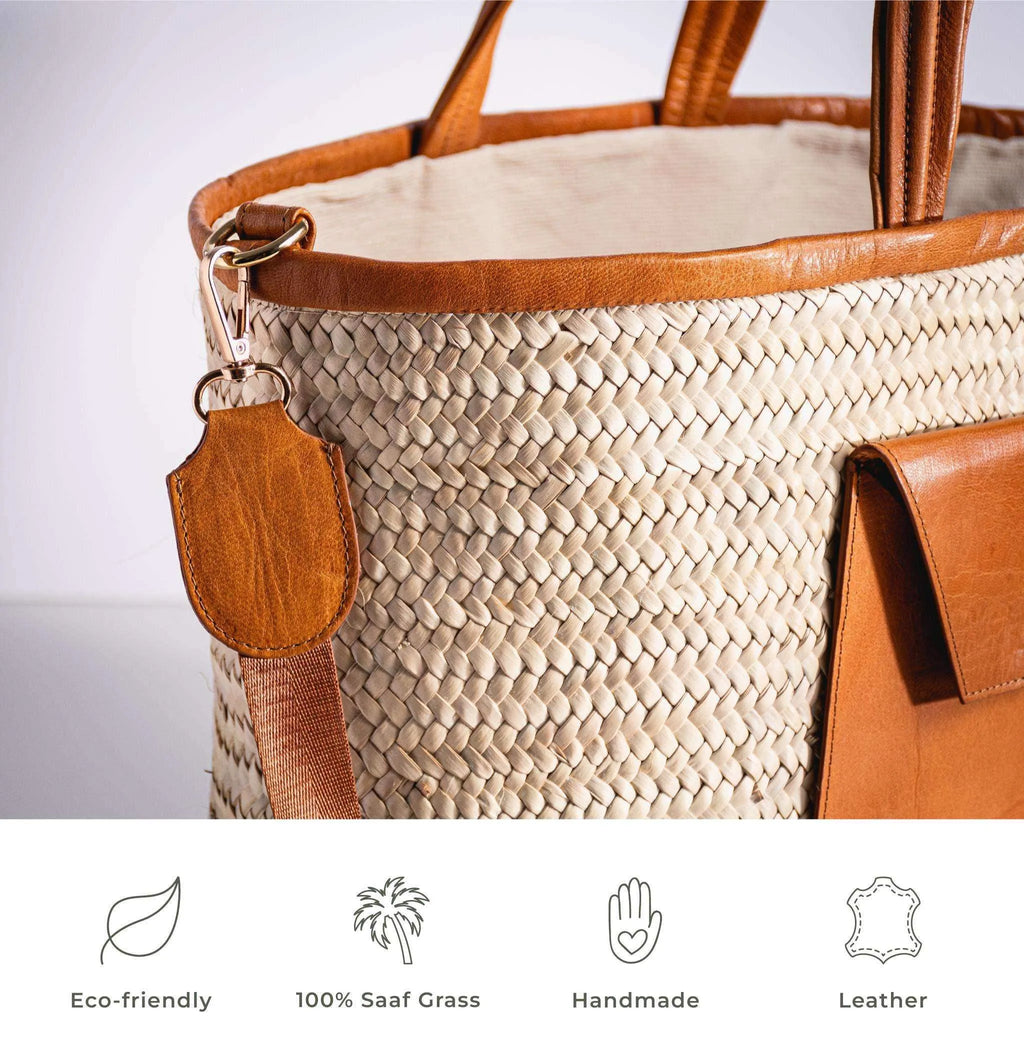 Beige woven darido shopping bag with brown leather pocket and handles, eco-friendly style. - Shopping Bag Saaf with Leather Pocket M
