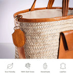 Beige woven darido shopping bag with brown leather pocket and handles, eco-friendly style. - Shopping Bag Saaf with Leather Pocket M