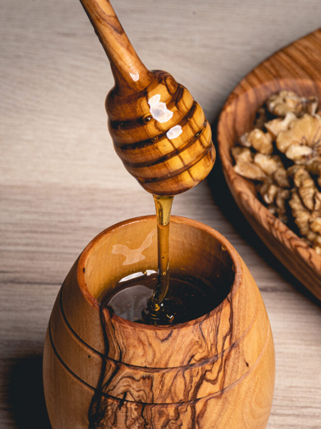 Pot à Miel en Bois d'Olivier avec Cuillère et Couvercle