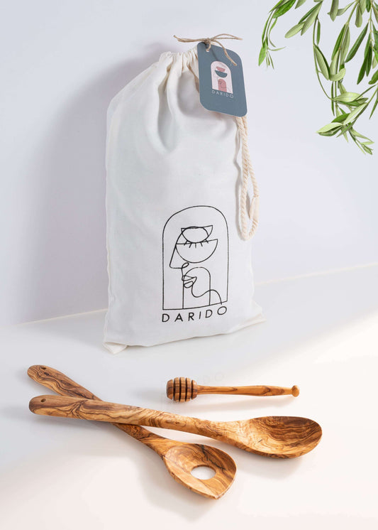 Darido eco-friendly trio: Wooden Spoon, Risotto Spoon, Honey Stirrer.